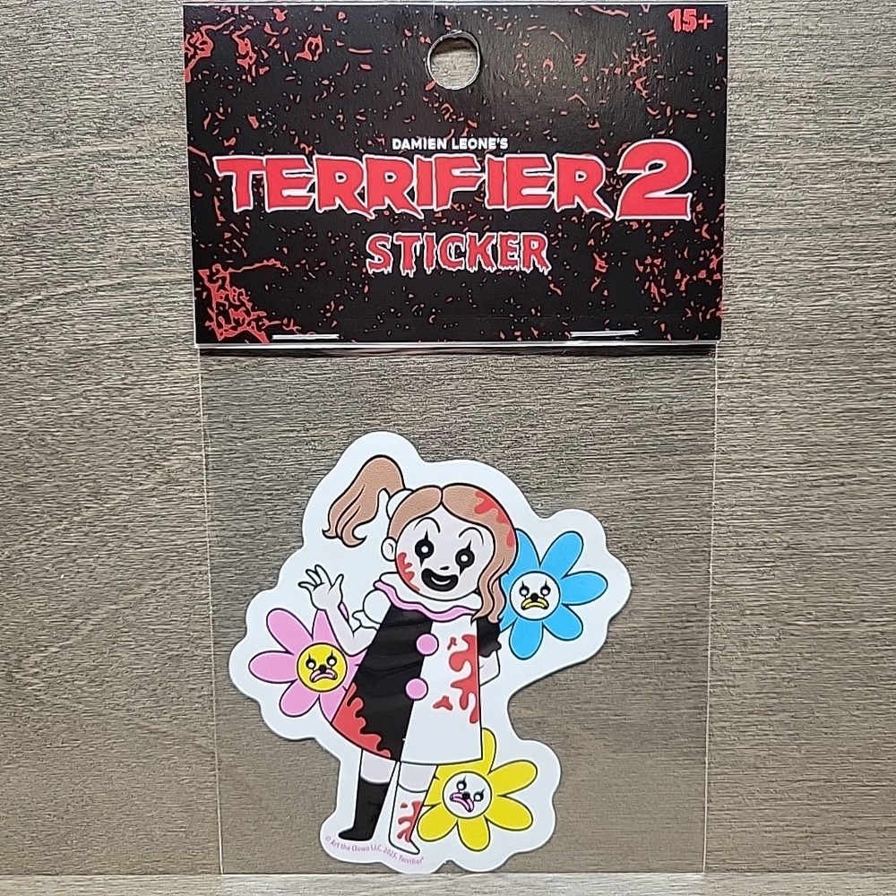 Cute Pale Girl Sticker From Terrifier 2 Horror Movie Frownie Flowers Bloody